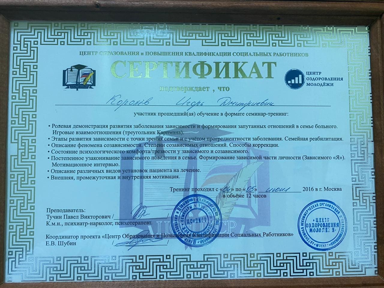 Сертификат повышения квалификации социальных работников, Королева Игоря Дмитриевича Сертификат повышения квалификации социальных работников Королева Игоря Дмитриевича - психолога - аддиктолога - мотиватора Майпсихелс, Mypsyhealth
